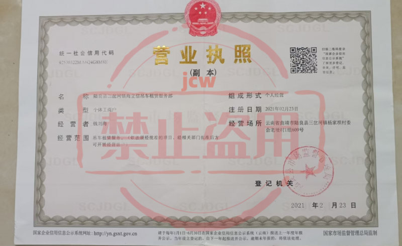 陆良县三岔河镇海立信吊车租赁服务部营业执照